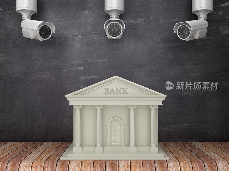 银行与安全摄像头在房间-黑板背景- 3D渲染